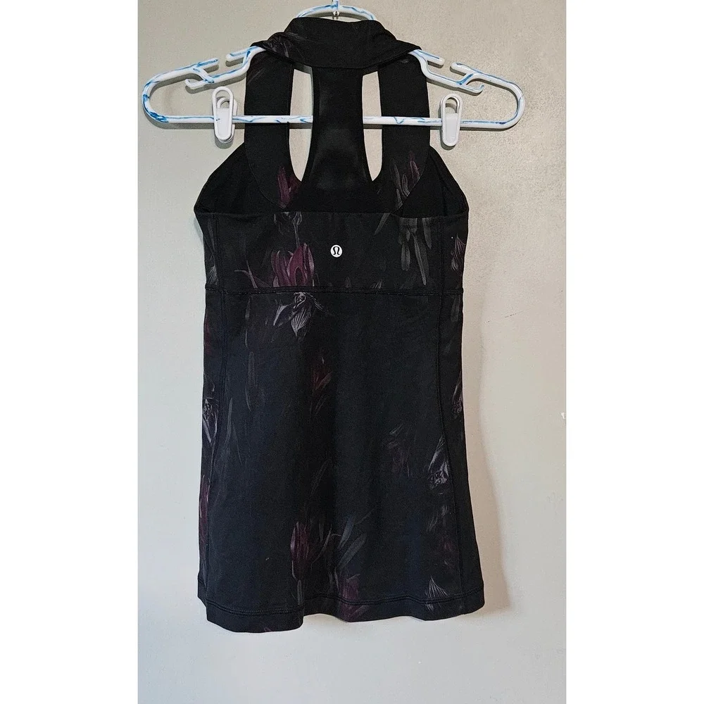 Lululemon Floral Racerback Tank Top with‎ Built-in Shelf Bra Black Purple Womens